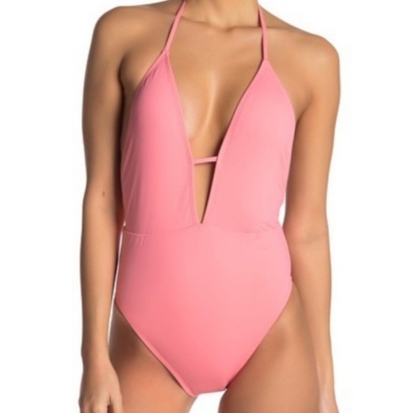 The Bikini Lab Other - Pink Solid Plunge Shirred One-piece Swimsuit sizeM